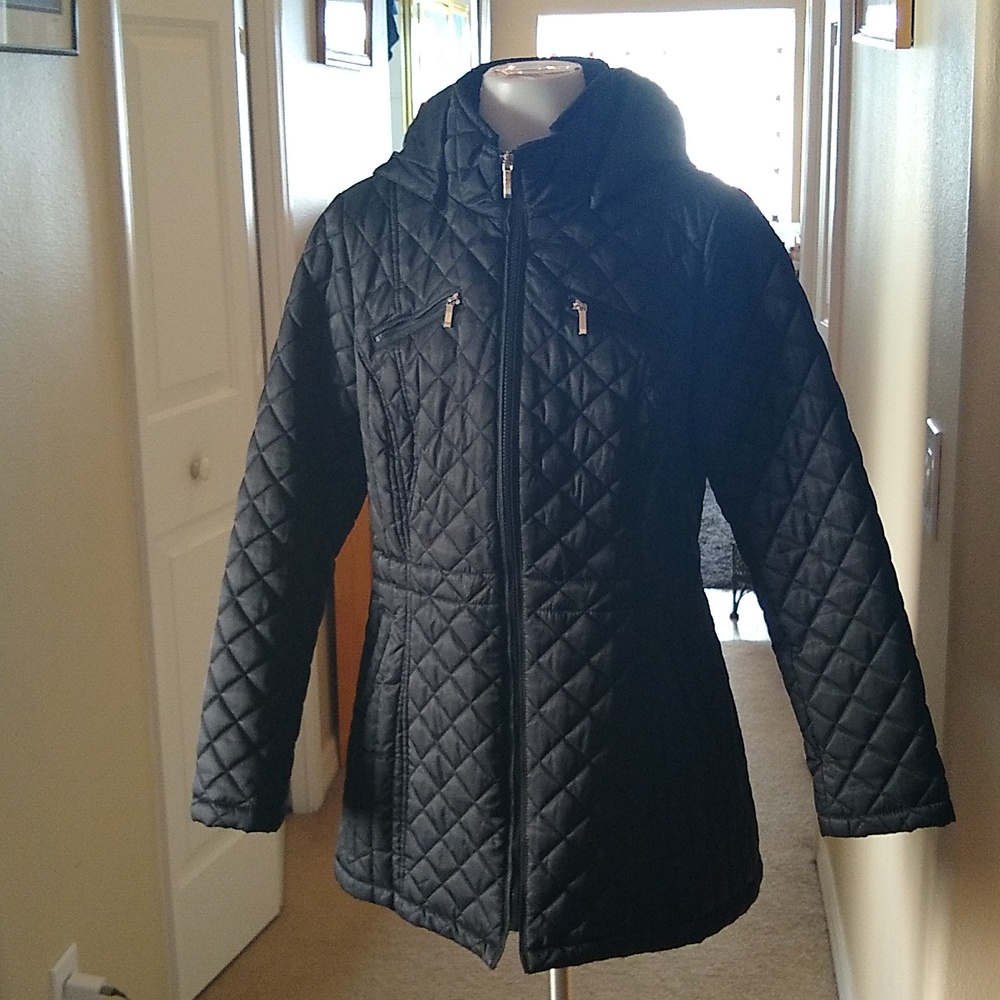 Laundry by design black quilted hooded long jacket/ coat size medium